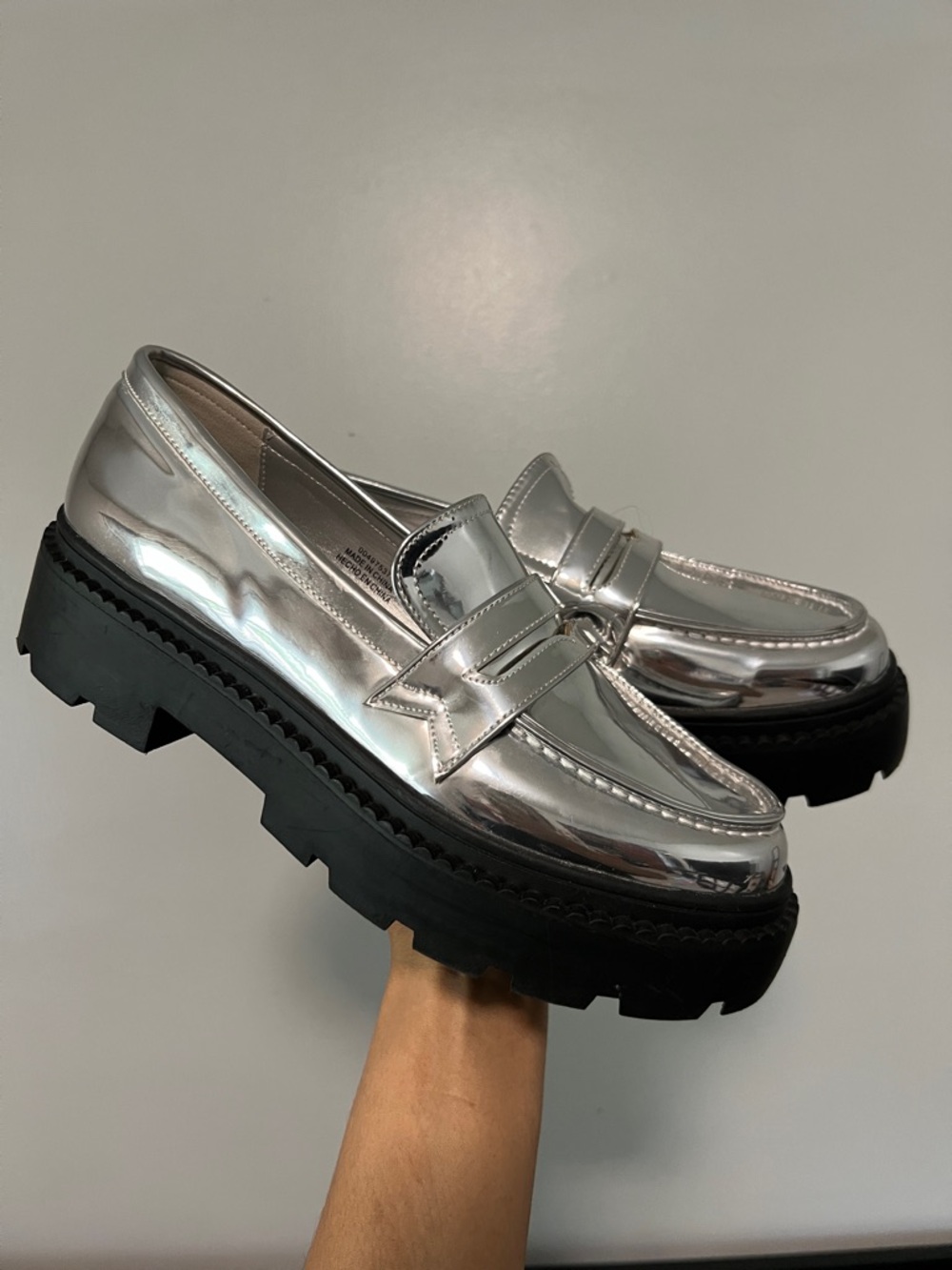 Forever 21 Metallic Silver Penny Loafers with Black Lug Sole